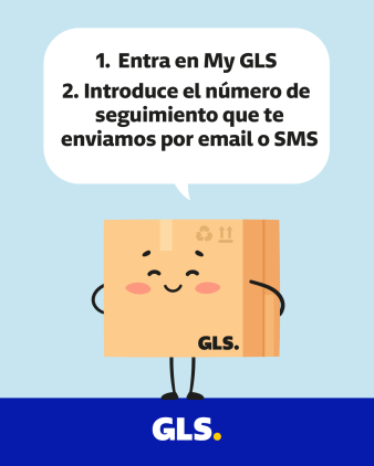 Ilustración de paquete GLS explicando cómo iniciar sesión en My GLS e introducir el número de seguimiento recibido por email o SMS.